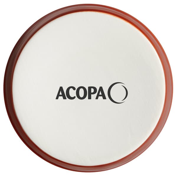 A white and brown circular Acopa drum with black text.