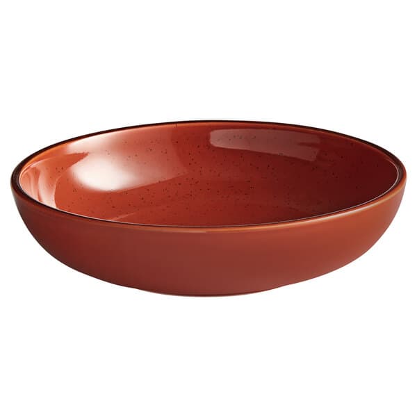 A brown stoneware bowl with a speckled red rim.