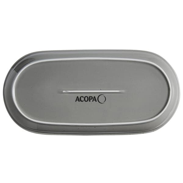 A grey rectangular Acopa stoneware platter with a logo.