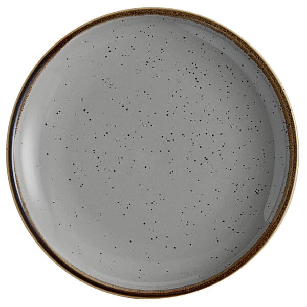 A close up of a gray Acopa Keystone stoneware coupe plate with speckles.
