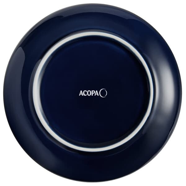 An Acopa Keystone Azora Blue stoneware coupe plate with a white border.