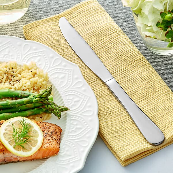 A table set with a plate of salmon, rice and asparagus with an Acopa Vernon stainless steel table knife.