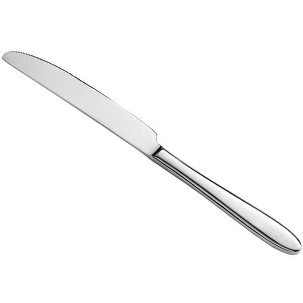 An Acopa Remy stainless steel dinner knife with a long silver handle on a white background.