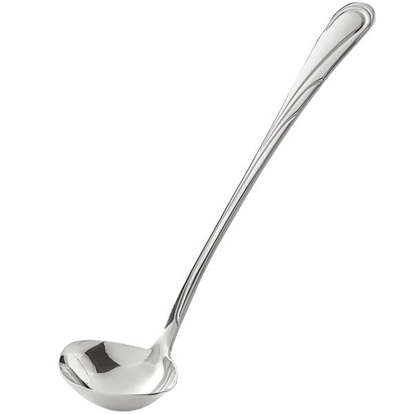 An Acopa stainless steel ladle with a spout and long handle.