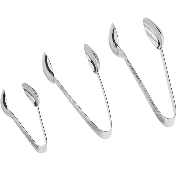 A set of three Acopa stainless steel tongs with silver handles.
