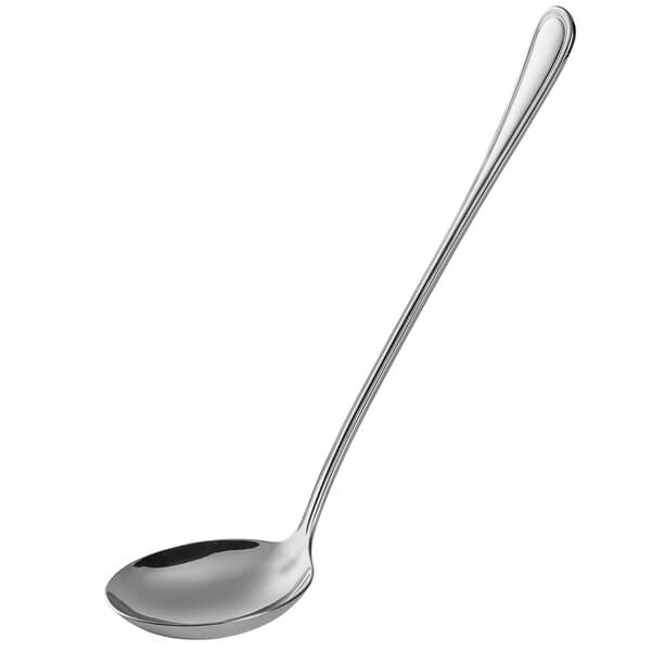An Acopa Edgeworth stainless steel ladle with a long handle.
