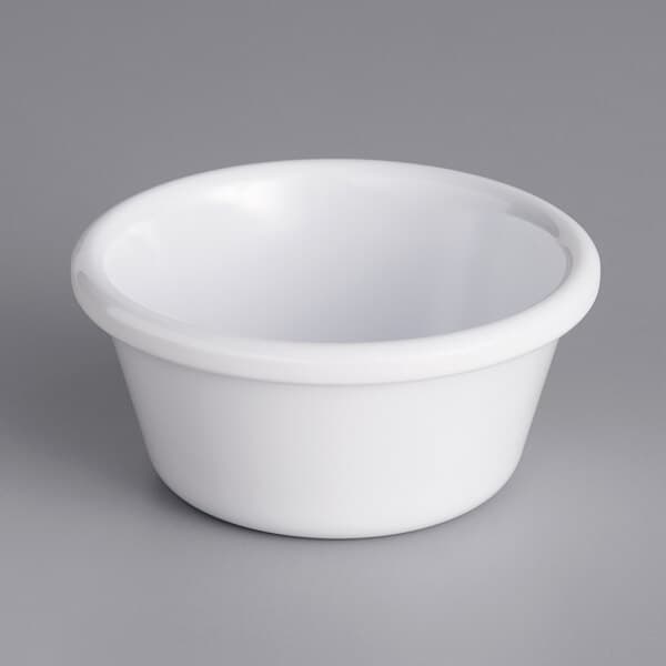 A white Acopa melamine ramekin on a gray surface.