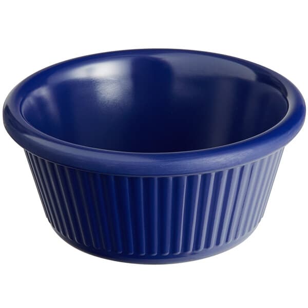 A blue fluted Acopa melamine ramekin.