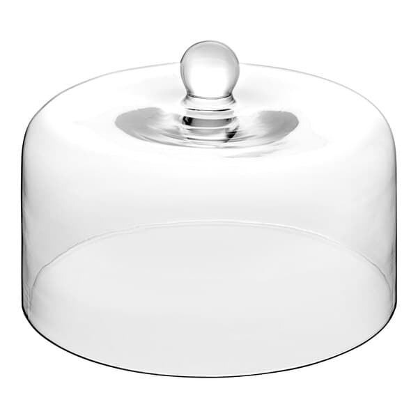 A clear glass cake cover with a round handle.
