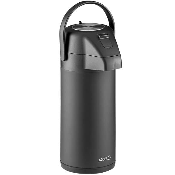 An Acopa stainless steel lined matte black airpot with a push button lid and handle.