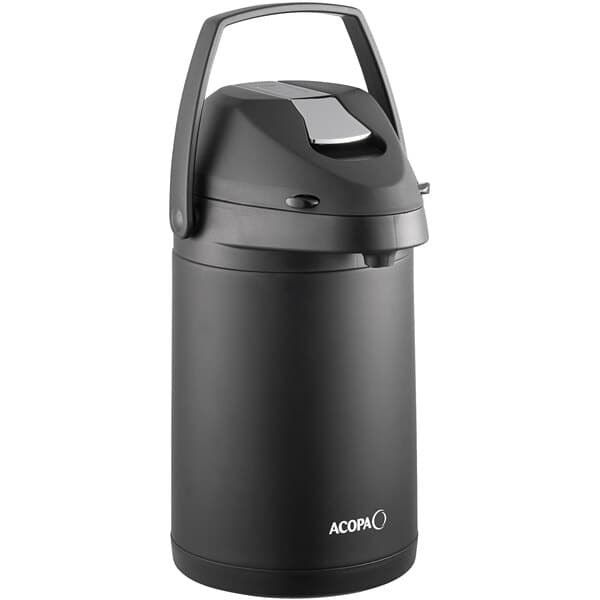 A black and silver stainless steel Acopa airpot with a metal lever.
