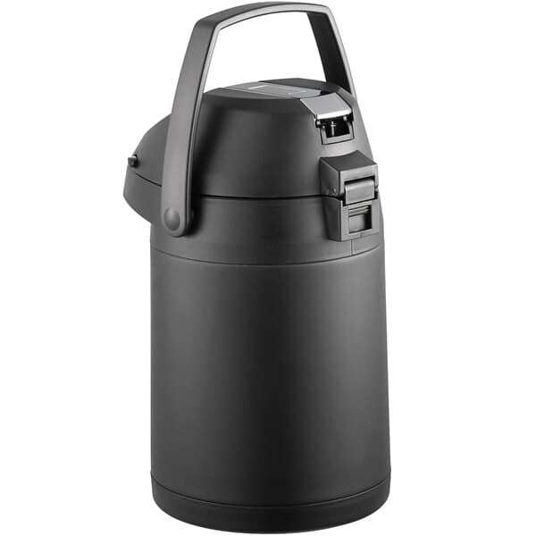 A black vacuum container with a metal lever and a handle.