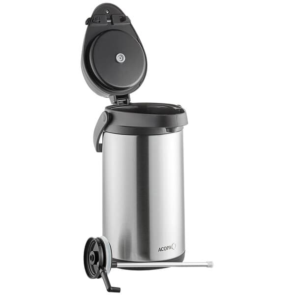 An Acopa stainless steel airpot with a black metal lever and lid.
