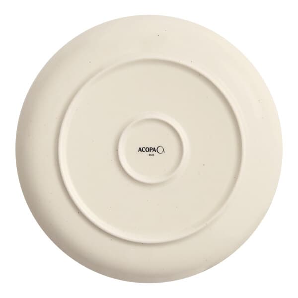 A round, off-white stoneware plate with a slightly raised base and the Acopa brand name on the bottom.
