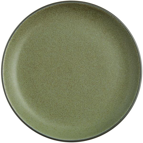 A close up of a moss green Acopa coupe plate with a brown rim.
