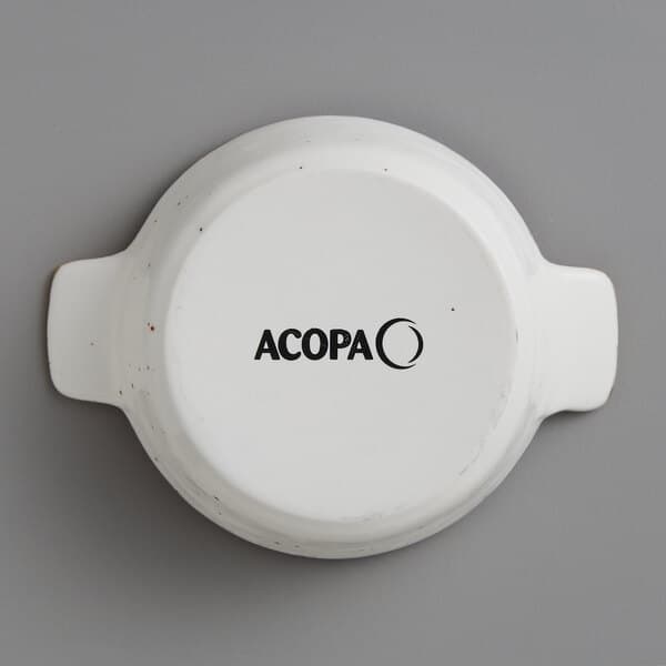 An Acopa white stoneware mini casserole dish with black text reading "Vanilla Bean" on it.