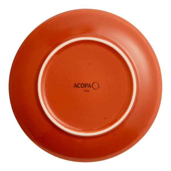 A small, round, orange stoneware coupe plate with the brand name 'Acopa' on the bottom.