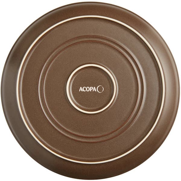 An Acopa Embers hickory brown matte stoneware plate with a white rim.