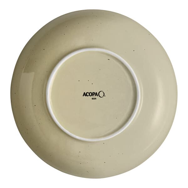 An 8-inch granite gray stoneware coupe low bowl shown from the bottom with the Acopa brand mark.