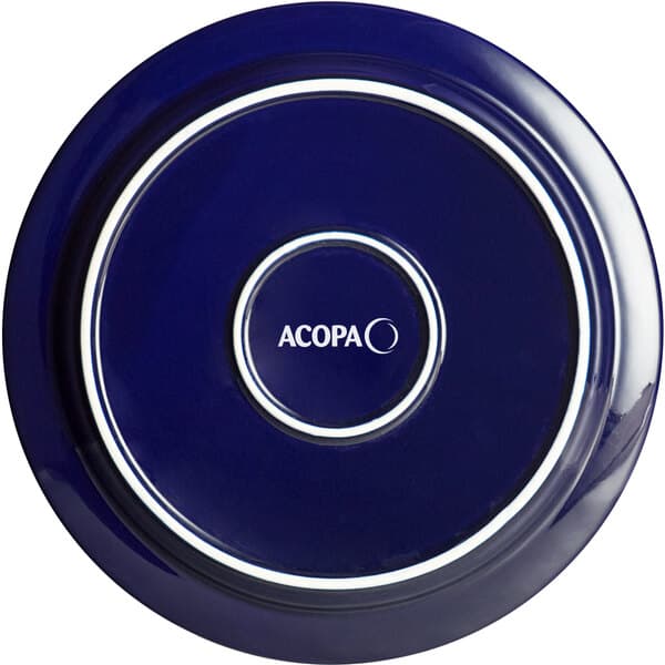 An Acopa Capri deep sea cobalt stoneware plate with white text on it.
