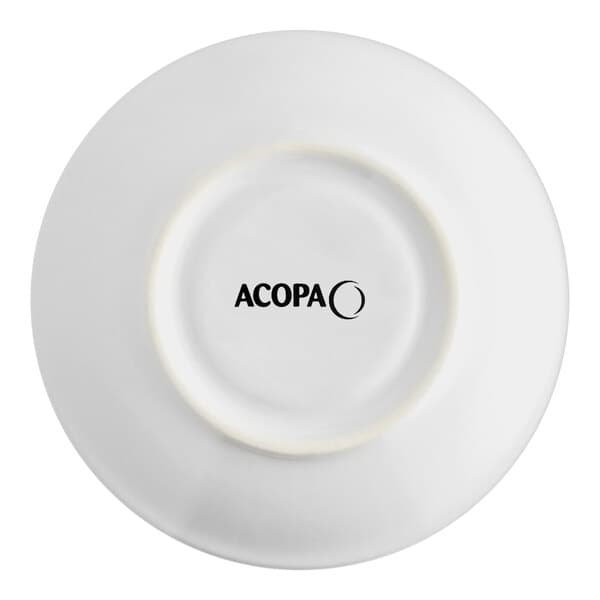 An Acopa bright white stoneware saucer with rolled edges and black text.