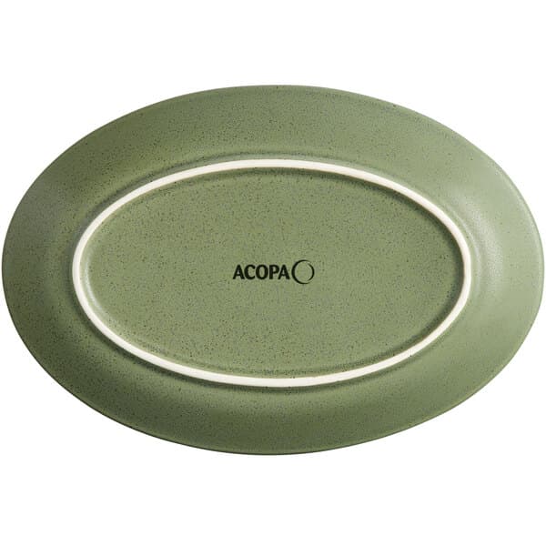 An Acopa moss green matte coupe stoneware platter with a white border.