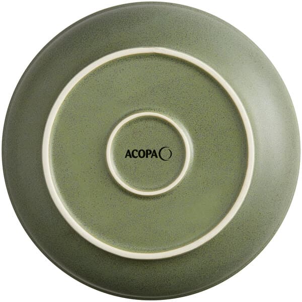 An Acopa Embers moss green stoneware pasta bowl with a white rim.