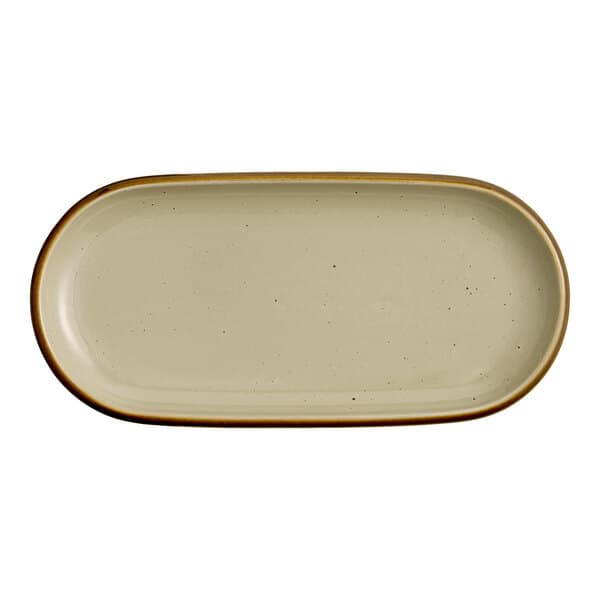 An oblong granite gray stoneware platter with a slightly raised rim and a smooth finish.