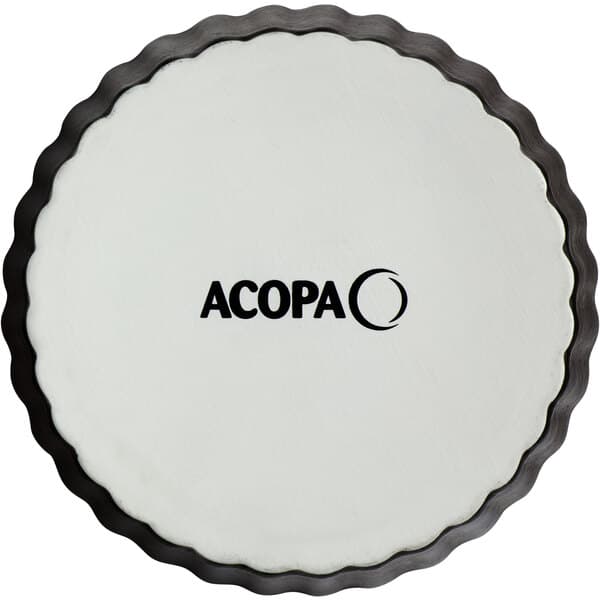 An Acopa white stoneware souffle dish with black accents and the word Acopa on it.
