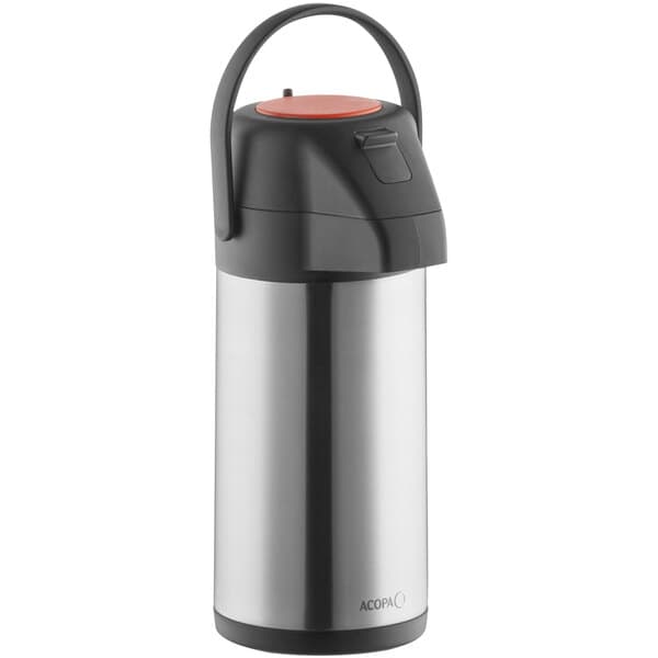 An Acopa stainless steel airpot with a black push button lid.