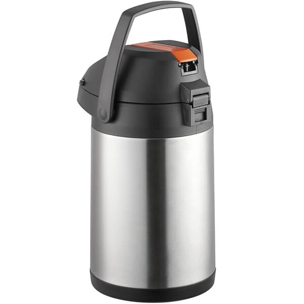A close-up of a silver and black Acopa stainless steel vacuum flask with a metal lever.