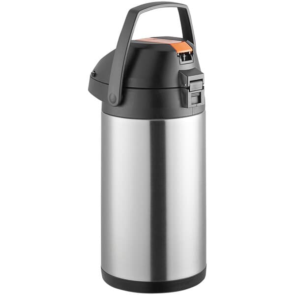 A close-up of a silver and black stainless steel Acopa Decaf airpot with a metal lever.