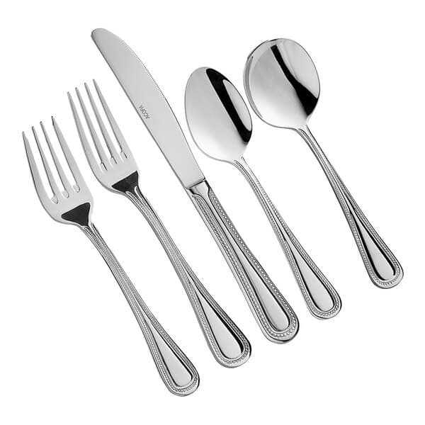 An Acopa Lydia stainless steel flatware set with a fork, spoon, and knife.