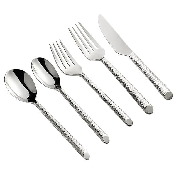 A close-up of an Acopa Iris stainless steel silverware set with a fork, spoon, and knife.