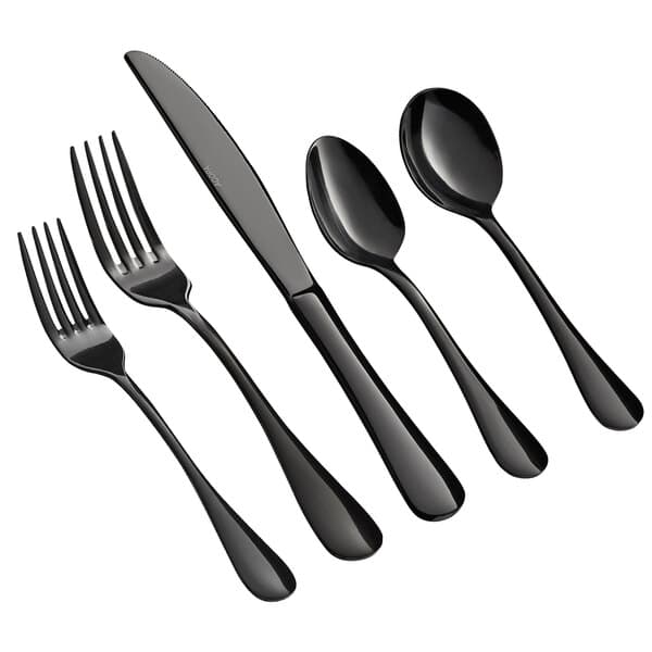 A silverware set with a black spoon, fork, and knife.