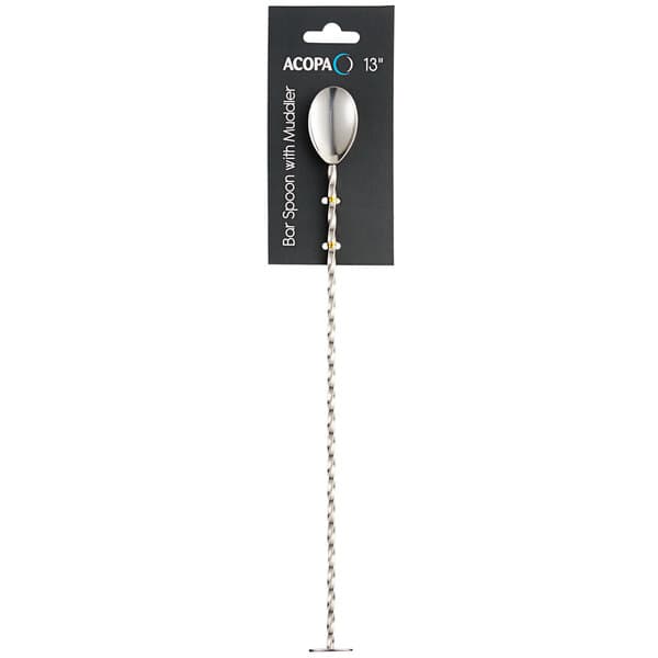 An Acopa silver bar spoon with a muddler on a white background.