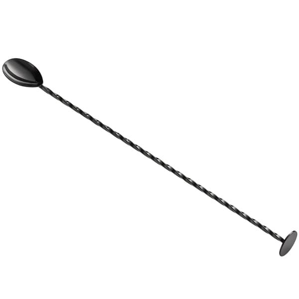An Acopa black metal bar spoon with a long black handle.
