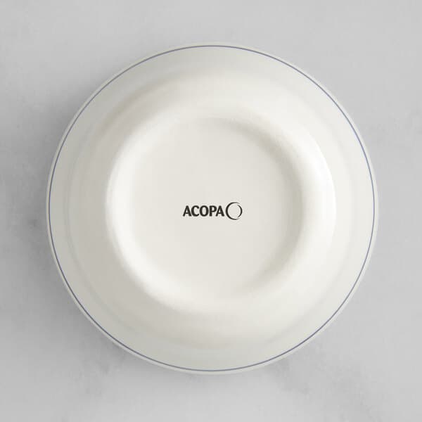 An ivory stoneware bouillon cup with blue bands.