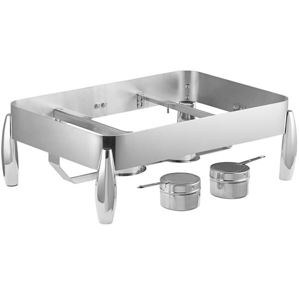 A silver rectangular Acopa Manchester chafer stand with two fuel holders on a counter.