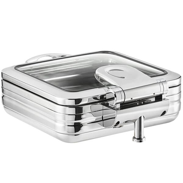 An Acopa stainless steel chafer with a glass lid on a counter.