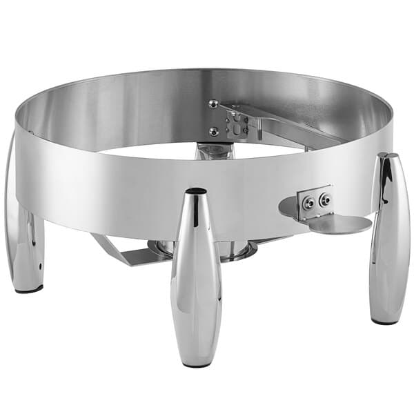 An Acopa Manchester stainless steel round chafer stand with four legs.