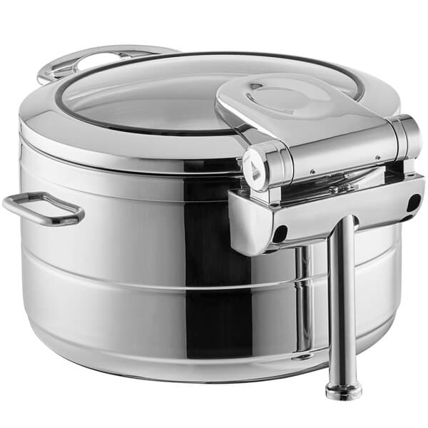 An Acopa Manchester stainless steel chafer with a glass top and soft close lid.