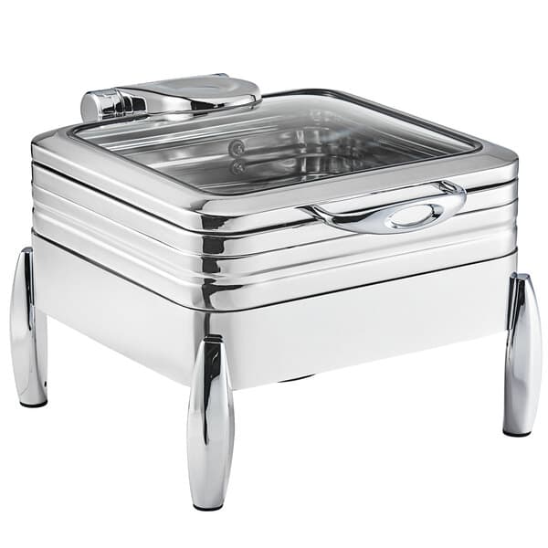 An Acopa stainless steel chafer with a glass lid on a stand.
