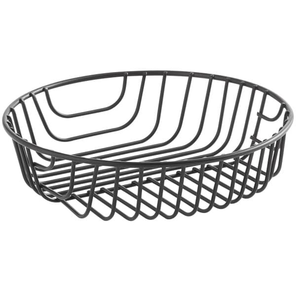 An Acopa round black wire basket with a handle.