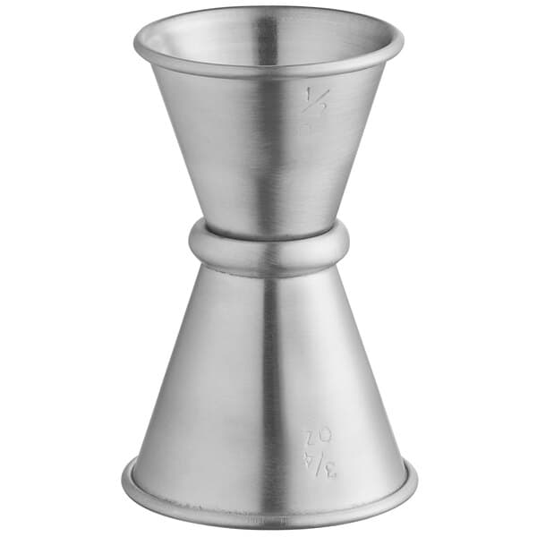 An Acopa stainless steel Japanese jigger with a handle.