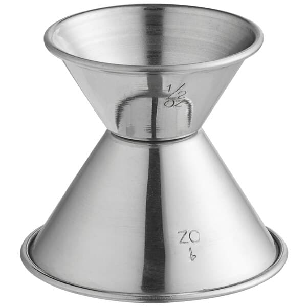 An Acopa stainless steel classic jigger with measuring numbers.