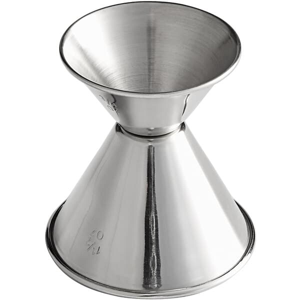 A stainless steel 0.75 oz. & 1.5 oz. classic jigger on a table.