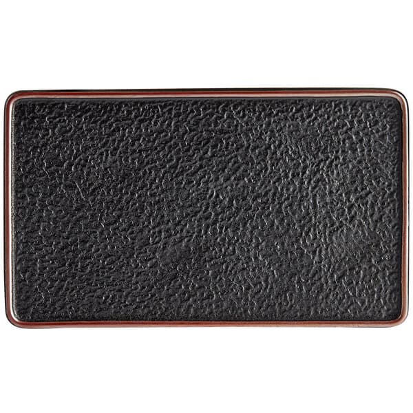 A close up of a black matte textured rectangular Acopa stoneware plate.