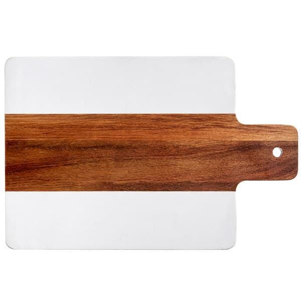 An Acacia wood serving board with white and brown stripes.