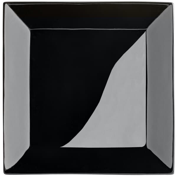 A black square Acopa stoneware plate with a silver rim.